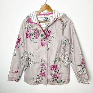 Joules gray Pink Floral Utility Jacket zip hooded size 6 waterproof